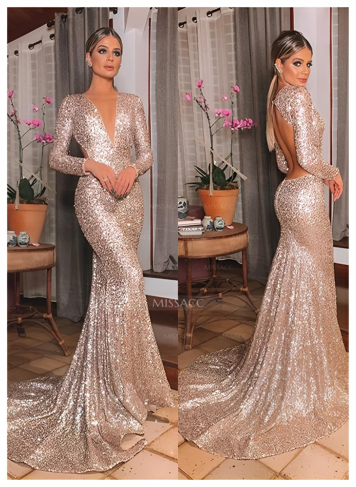 Trumpet/Mermaid V-Neck Long Sleeves Sequined Sweep Train Prom Dress With Sequins Back Hole