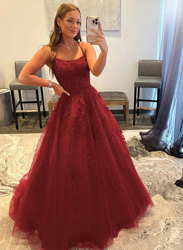 A-Line Square Neckline Sleeveless Lace Sweep Train Prom Dress With Appliques Lace