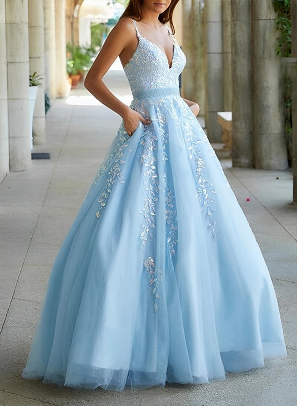 A-Line V-Neck Floor-Length Tulle Blue Prom Dress With Sequins
