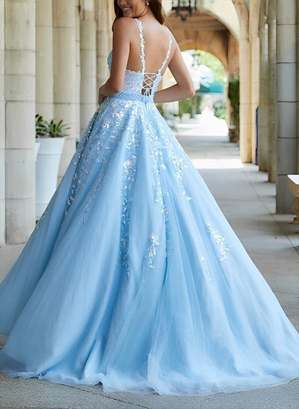 A-Line V-Neck Floor-Length Tulle Blue Prom Dress With Sequins