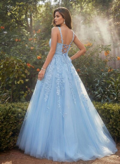 A-Line V-Neck Floor-Length Tulle Blue Prom Dress With Sequins