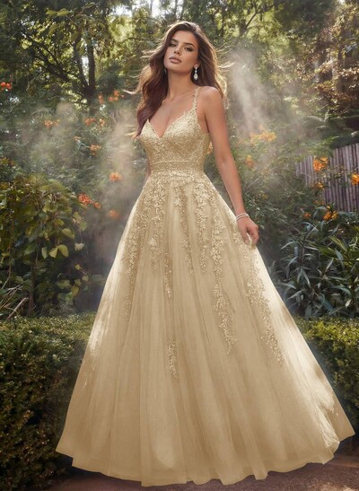 A-Line V-Neck Floor-Length Tulle Blue Prom Dress With Sequins