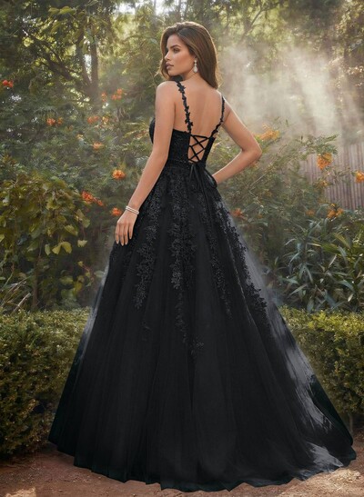 A-Line V-Neck Floor-Length Tulle Blue Prom Dress With Sequins