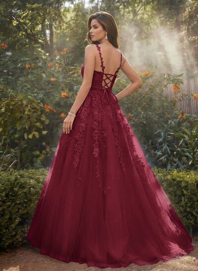 A-Line V-Neck Floor-Length Tulle Blue Prom Dress With Sequins