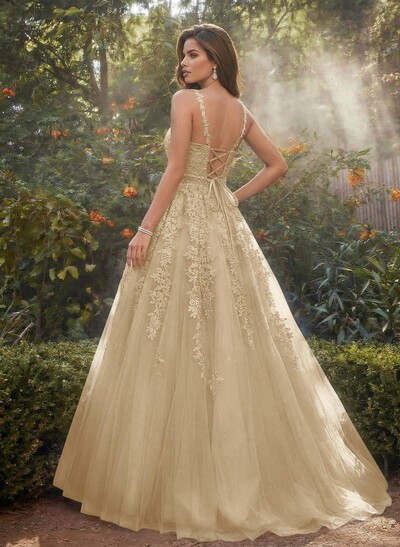 A-Line V-Neck Floor-Length Tulle Blue Prom Dress With Sequins