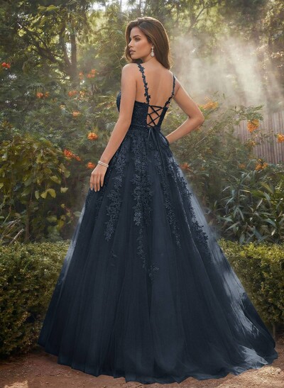 A-Line V-Neck Floor-Length Tulle Blue Prom Dress With Sequins