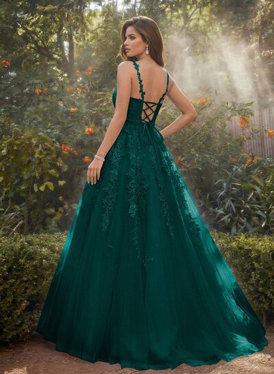 A-Line V-Neck Floor-Length Tulle Blue Prom Dress With Sequins