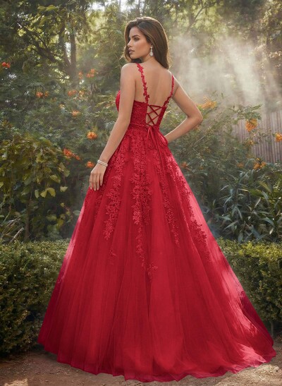 A-Line V-Neck Floor-Length Tulle Blue Prom Dress With Sequins