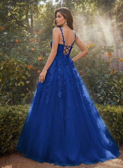A-Line V-Neck Floor-Length Tulle Blue Prom Dress With Sequins