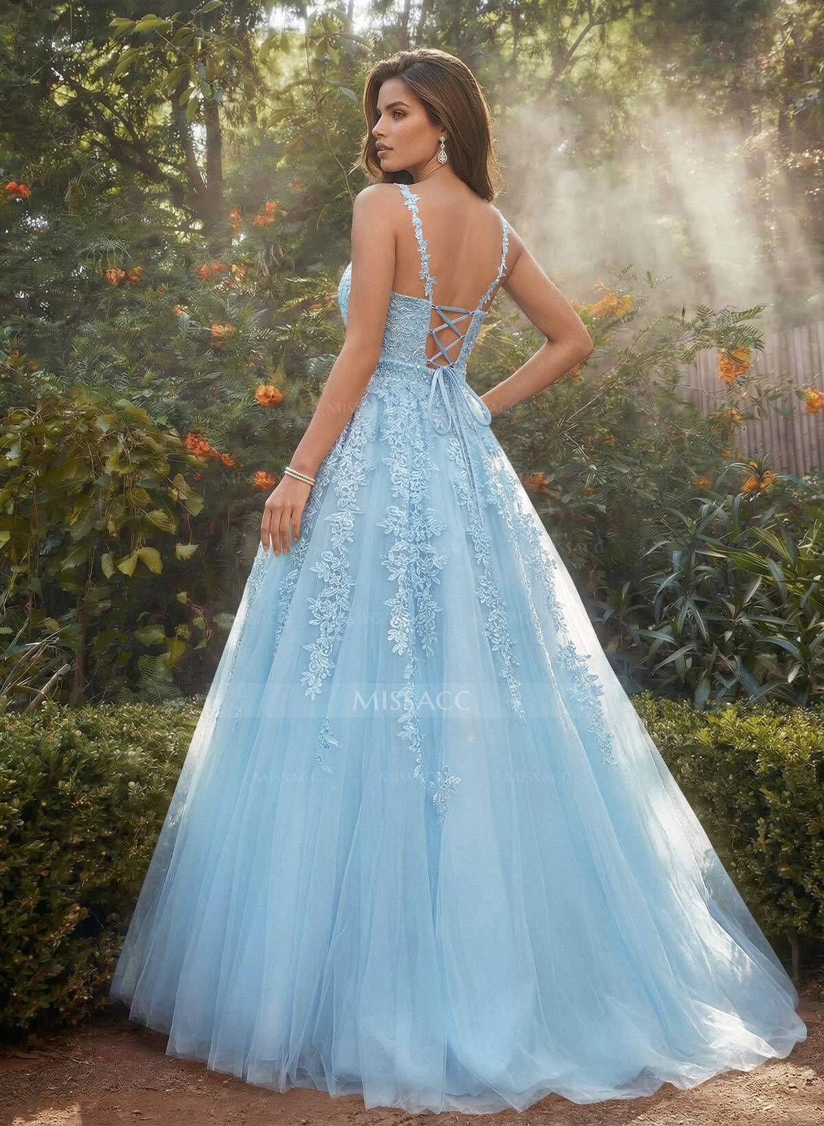 A-Line V-Neck Floor-Length Tulle Blue Prom Dress With Sequins