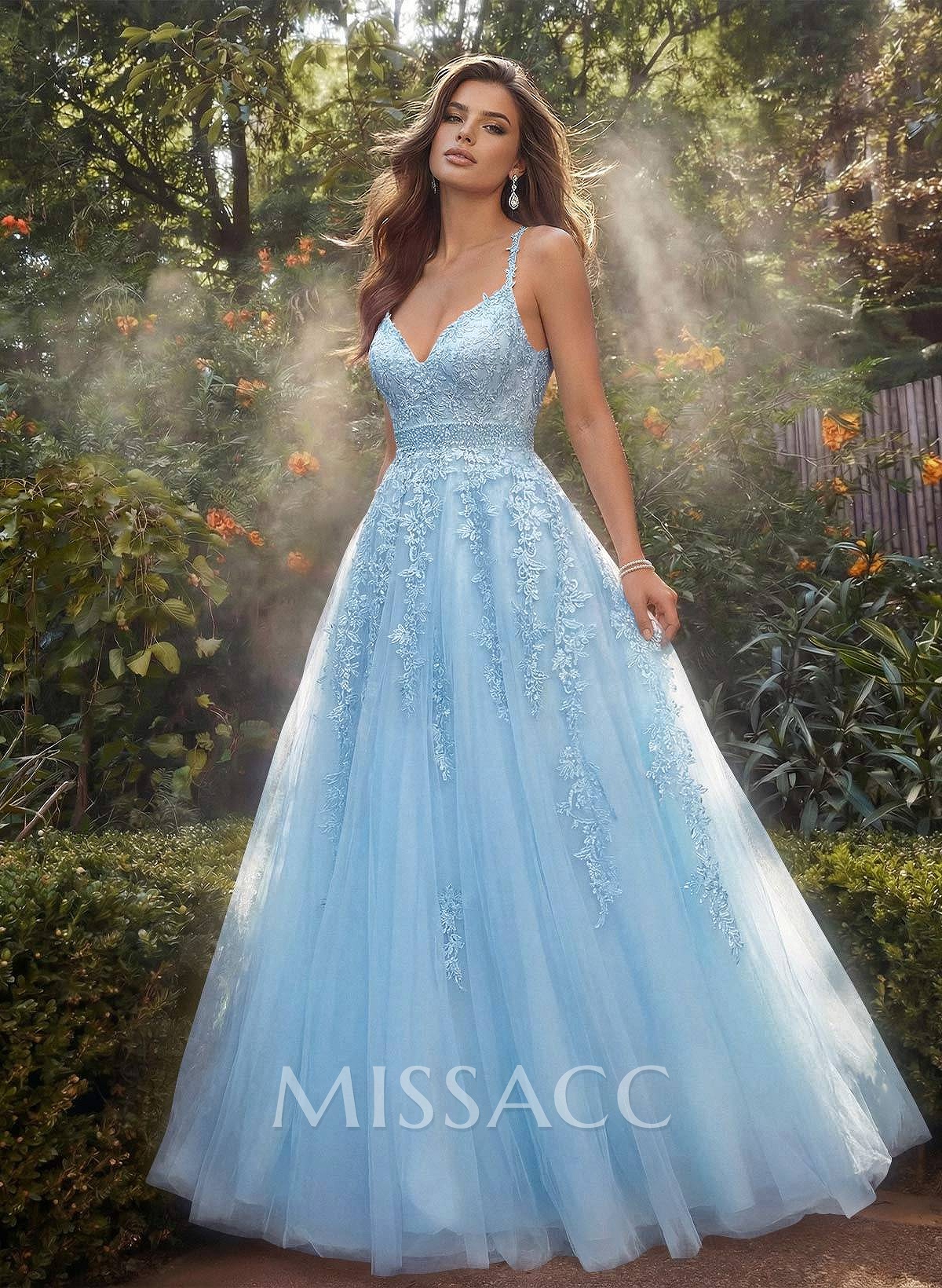 A-Line V-Neck Floor-Length Tulle Blue Prom Dress With Sequins