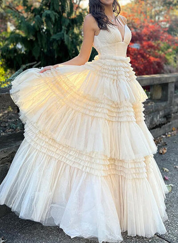 A-Line V-Neck Floor-Length Tulle Prom Dress With Ruffle