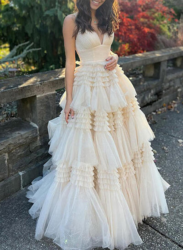 A-Line V-Neck Floor-Length Tulle Prom Dress With Ruffle