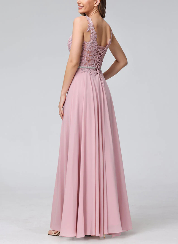 A-Line V-Neck Sleeveless Chiffon Floor-Length Prom Dress With Appliques Lace