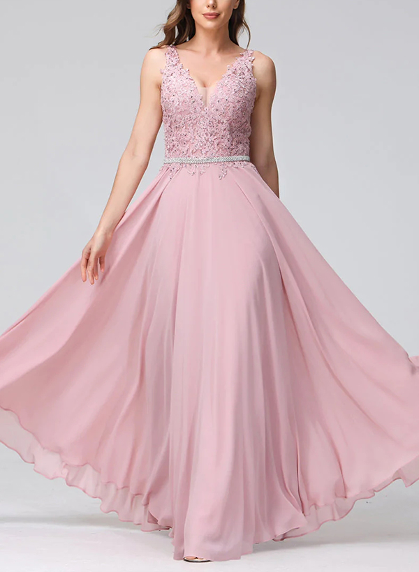 A-Line V-Neck Sleeveless Chiffon Floor-Length Prom Dress With Appliques Lace