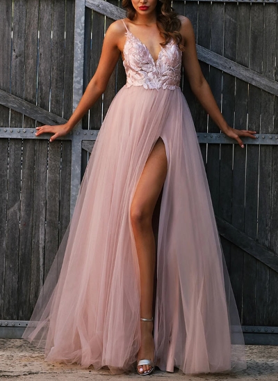 A-Line V-Neck Floor-Length Tulle Prom Dress With Lace 