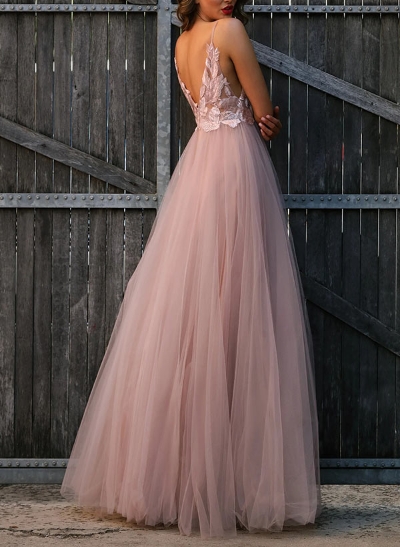 A-Line V-Neck Floor-Length Tulle Prom Dress With Lace 