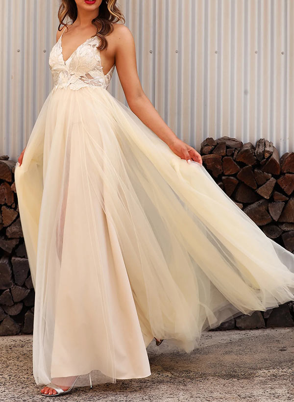 A-Line V-Neck Floor-Length Tulle Prom Dress With Lace 
