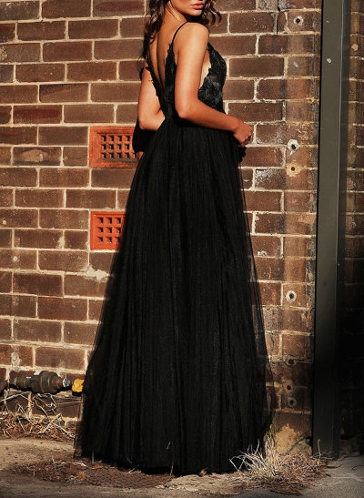A-Line V-Neck Floor-Length Tulle Prom Dress With Lace 