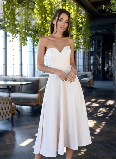 A-Line Strapless Sleeveless Satin Tea-Length Prom Dress