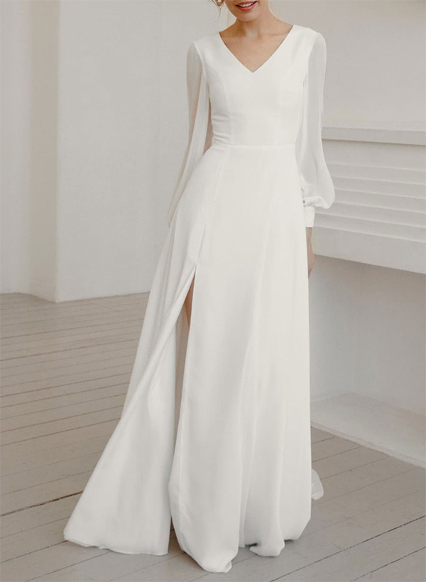 A-Line V-Neck Long Sleeves Chiffon Sweep Train Wedding Dress With Split Front