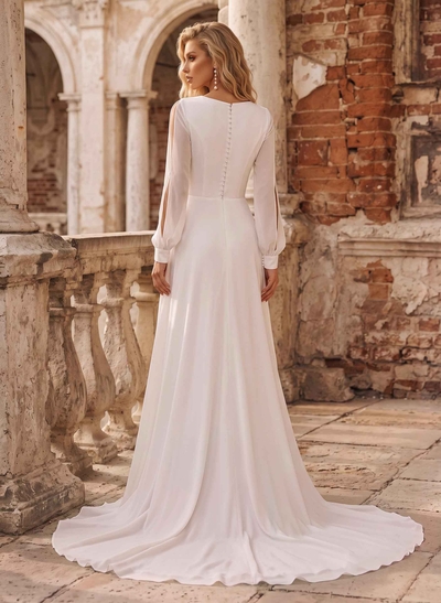 A-Line V-Neck Long Sleeves Chiffon Sweep Train Wedding Dress With Split Front