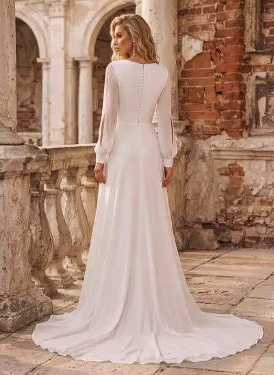 A-Line V-Neck Long Sleeves Chiffon Sweep Train Wedding Dress With Split Front