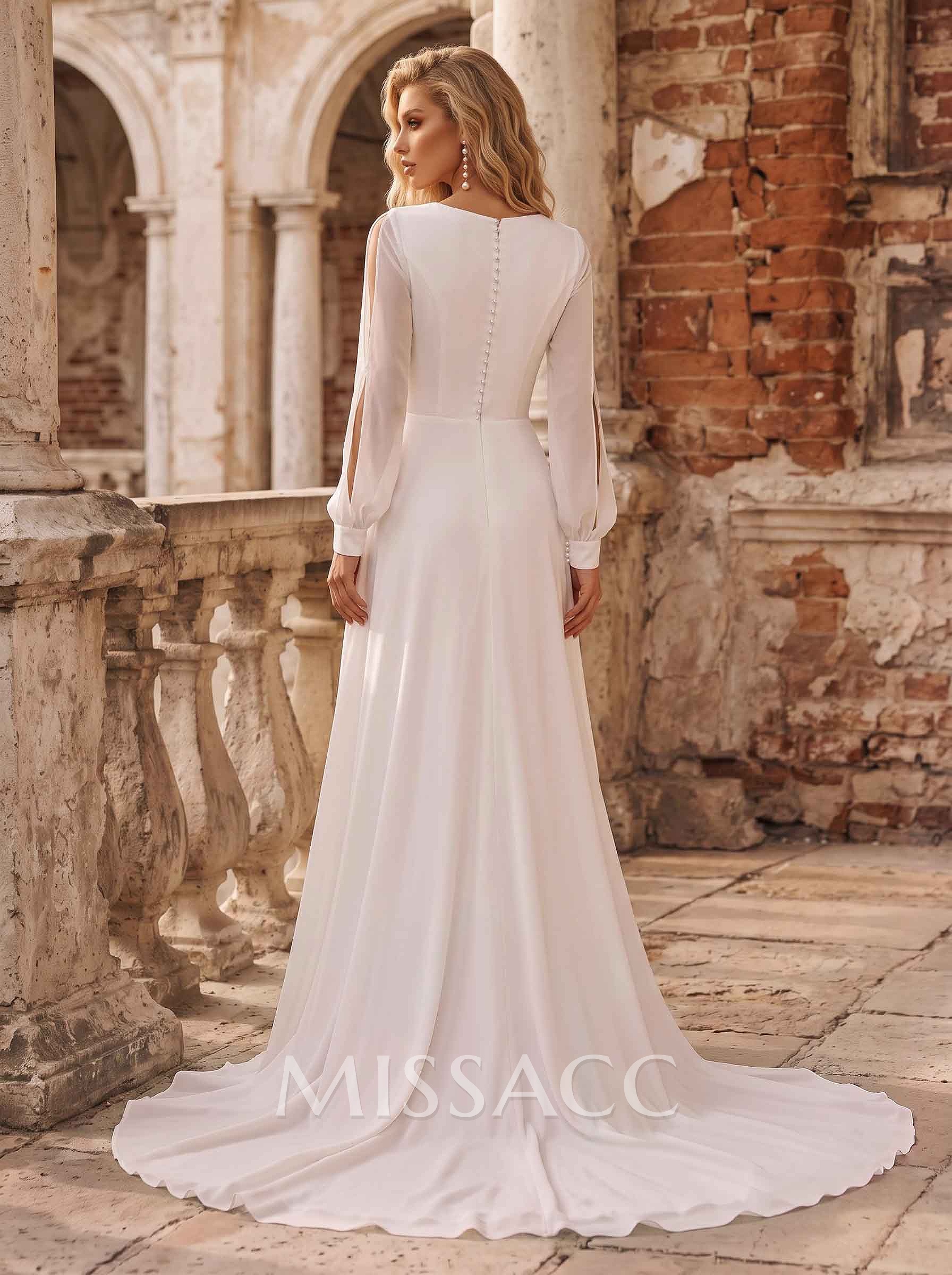 A-Line V-Neck Long Sleeves Chiffon Sweep Train Wedding Dress With Split Front