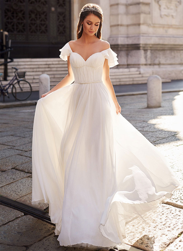 A-Line Off-the-Shoulder Chiffon Sweep Train Wedding Dress With Pleated