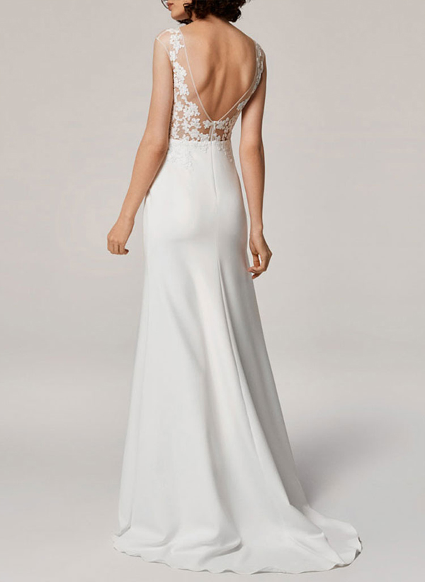 A-Line V-Neck Sleeveless Lace Sweep Train Wedding Dress With Lace