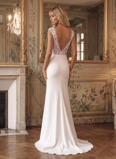 A-Line V-Neck Sleeveless Lace Sweep Train Wedding Dress With Lace