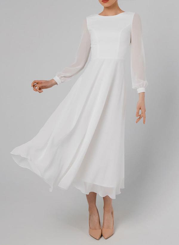 A-Line Scoop Neck Long Sleeves  Chiffon Ankle-Length Wedding Dress With Ruffle