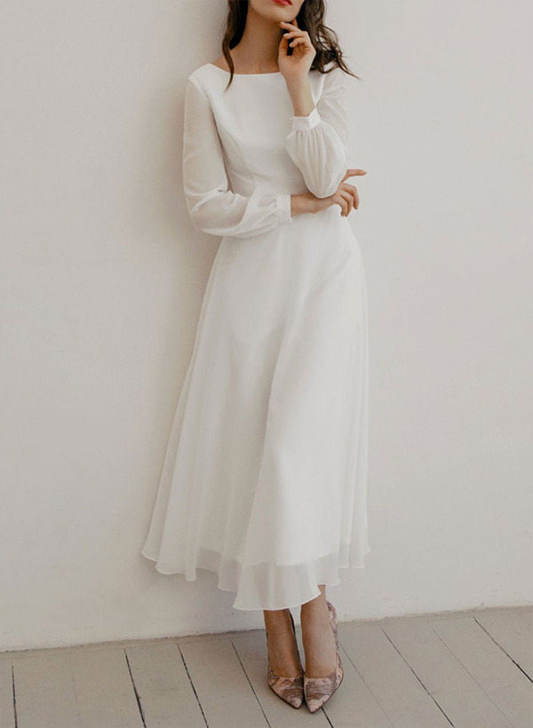 A-Line Scoop Neck Long Sleeves  Chiffon Ankle-Length Wedding Dress With Ruffle