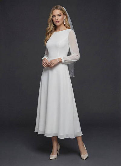 A-Line Scoop Neck Long Sleeves Chiffon Ankle-Length Wedding Dress With Ruffle
