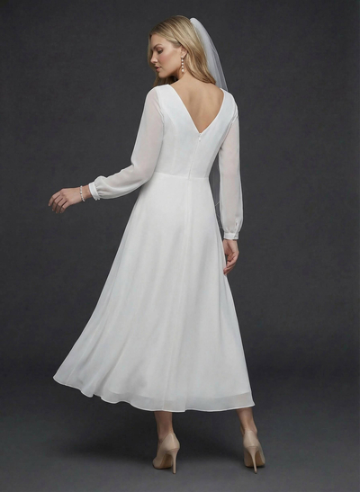 A-Line Scoop Neck Long Sleeves Chiffon Ankle-Length Wedding Dress With Ruffle