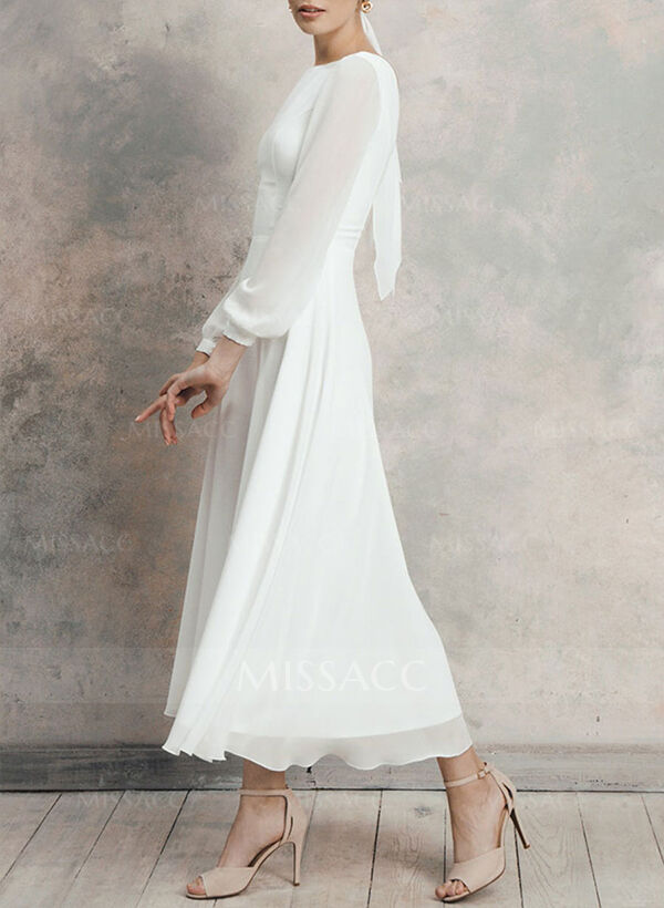 A-Line Scoop Neck Long Sleeves Chiffon Ankle-Length Wedding Dress With Ruffle