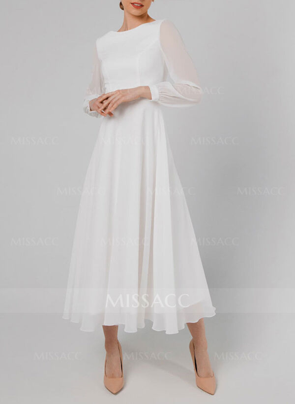 A-Line Scoop Neck Long Sleeves Chiffon Ankle-Length Wedding Dress With Ruffle
