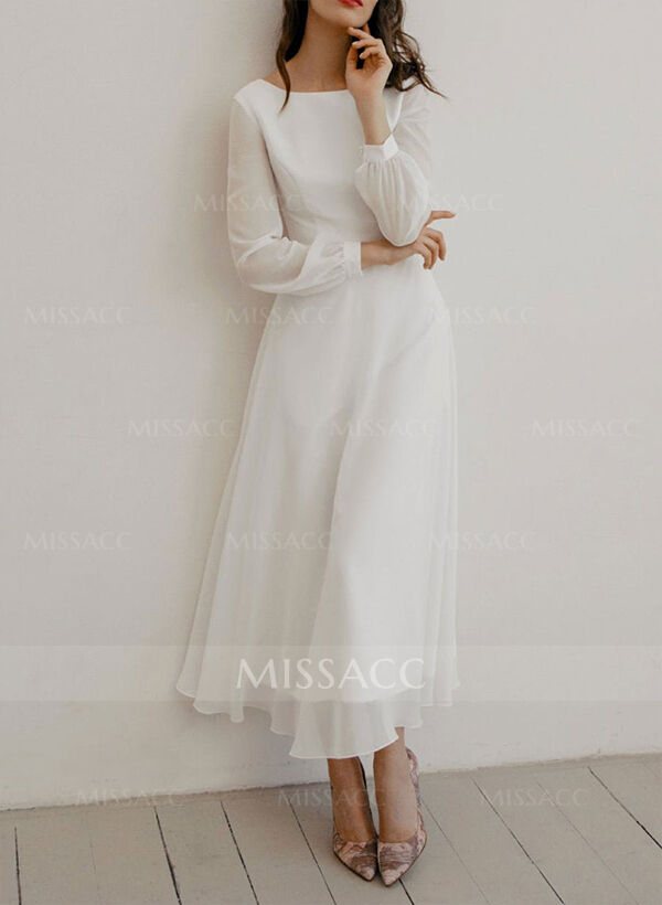 A-Line Scoop Neck Long Sleeves Chiffon Ankle-Length Wedding Dress With Ruffle