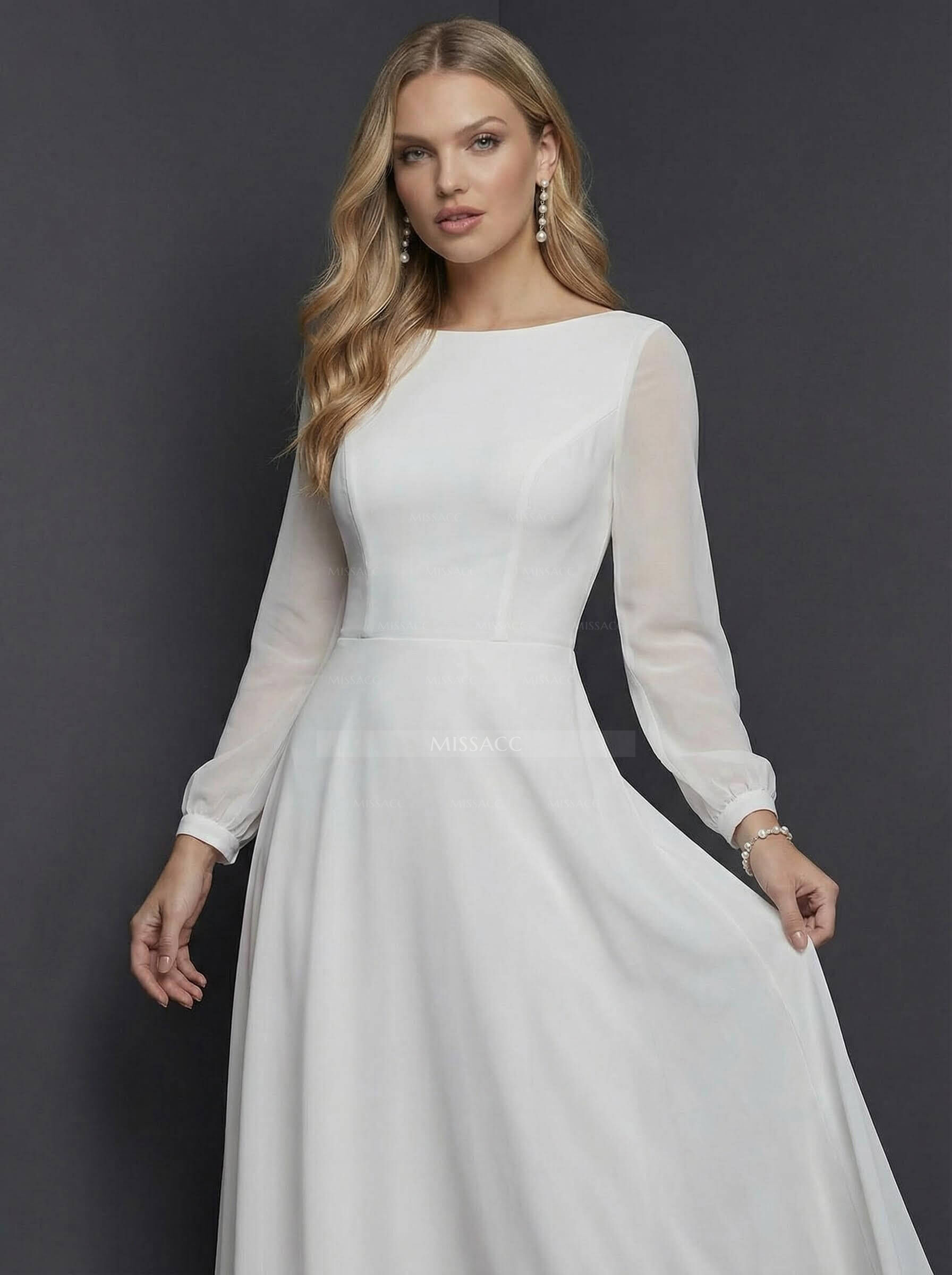 A-Line Scoop Neck Long Sleeves Chiffon Ankle-Length Wedding Dress With Ruffle
