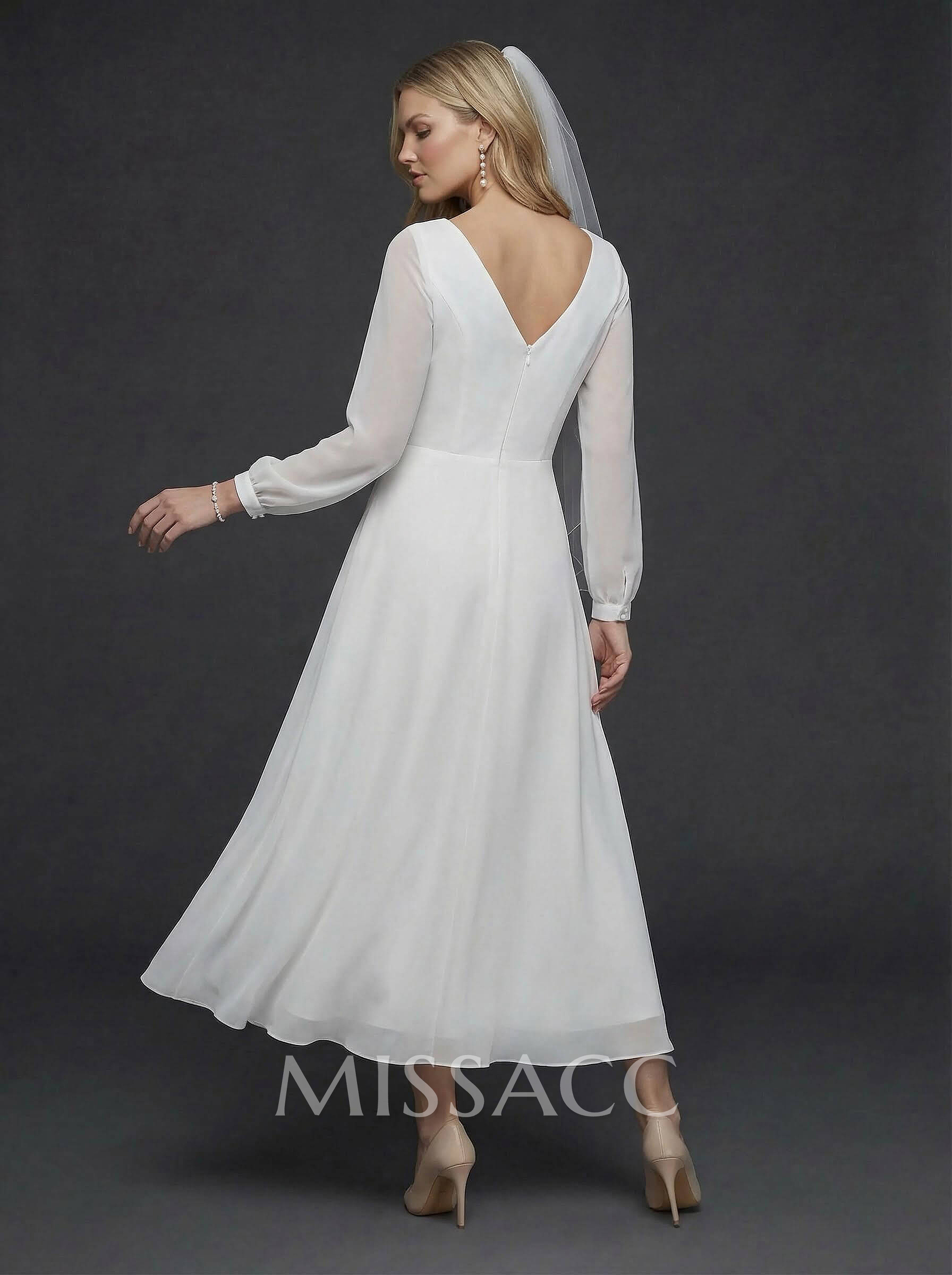 A-Line Scoop Neck Long Sleeves Chiffon Ankle-Length Wedding Dress With Ruffle A-Line Scoop Neck Long Sleeves Chiffon Ankle-Length Wedding Dress With Ruffle