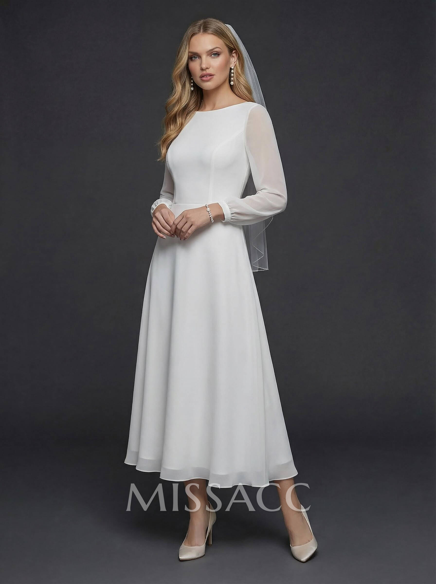 A-Line Scoop Neck Long Sleeves Chiffon Ankle-Length Wedding Dress With Ruffle A-Line Scoop Neck Long Sleeves Chiffon Ankle-Length Wedding Dress With Ruffle