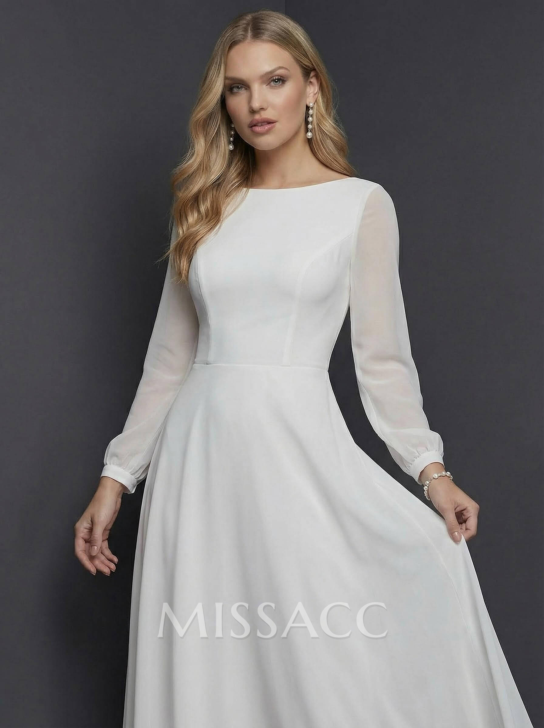 A-Line Scoop Neck Long Sleeves Chiffon Ankle-Length Wedding Dress With Ruffle A-Line Scoop Neck Long Sleeves Chiffon Ankle-Length Wedding Dress With Ruffle