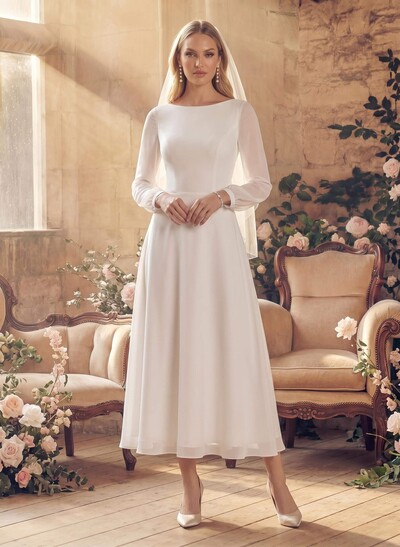 A-Line Scoop Neck Long Sleeves Chiffon Ankle-Length Wedding Dress With Ruffle