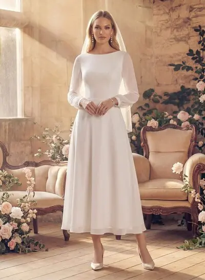 A-Line Scoop Neck Long Sleeves Chiffon Ankle-Length Wedding Dress With Ruffle
