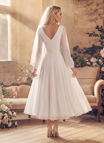 A-Line Scoop Neck Long Sleeves Chiffon Ankle-Length Wedding Dress With Ruffle