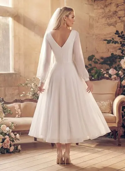 A-Line Scoop Neck Long Sleeves Chiffon Ankle-Length Wedding Dress With Ruffle