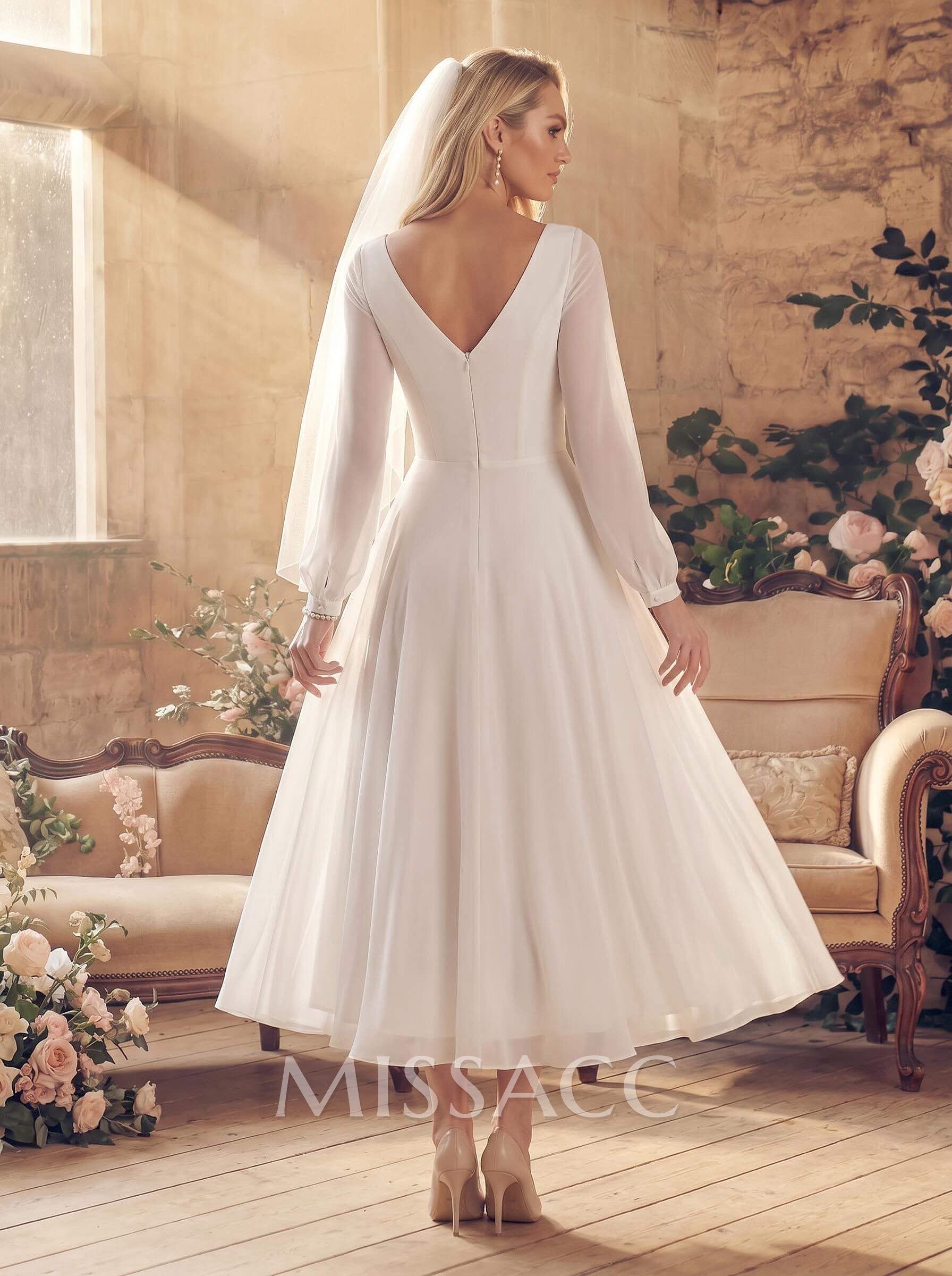 A-Line Scoop Neck Long Sleeves Chiffon Ankle-Length Wedding Dress With Ruffle
