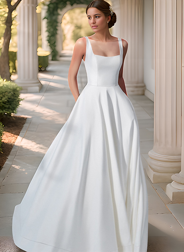 Ball-Gown/Princess Square Neckline Sleeveless Satin Chapel Train Wedding Dress