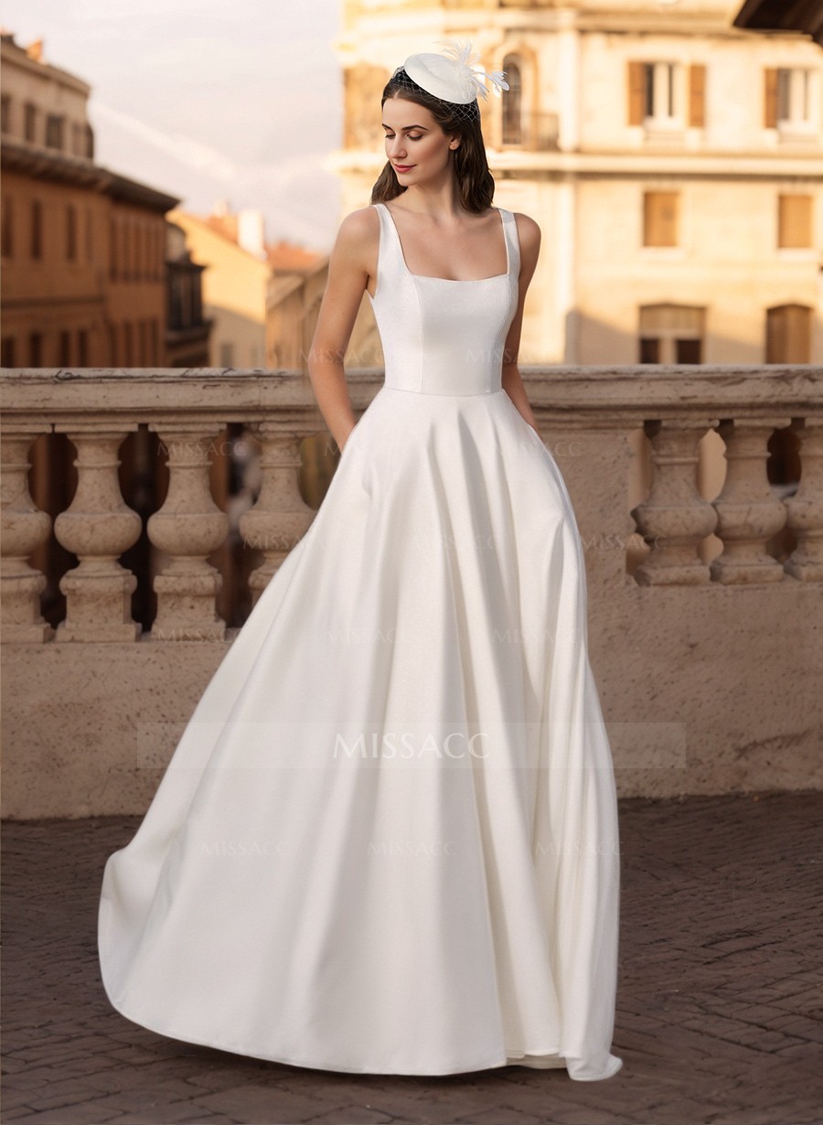 Ball-Gown/Princess Square Neckline Sleeveless Satin Court Train Wedding Dress
