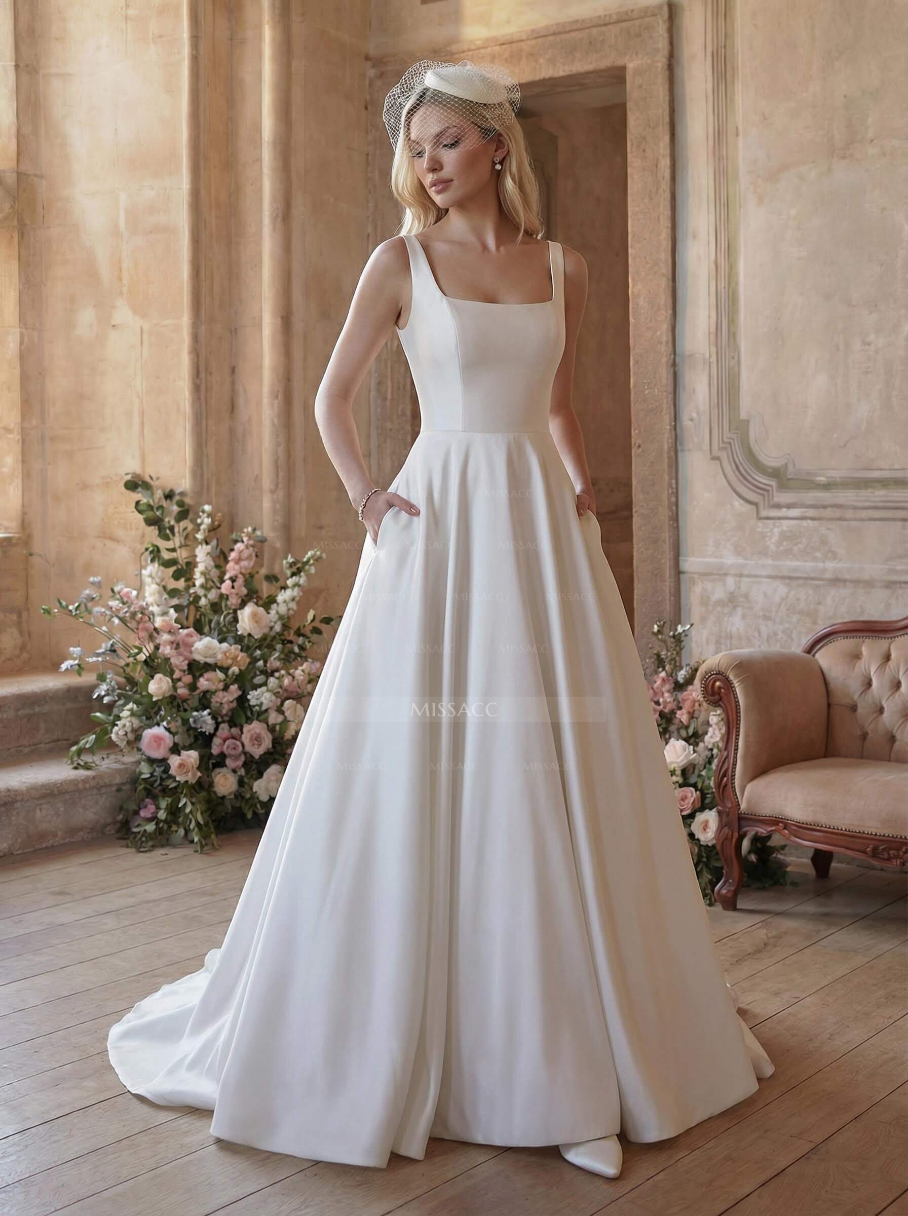 Simple Square Neckline Regular Straps Satin Court Train Wedding Dress